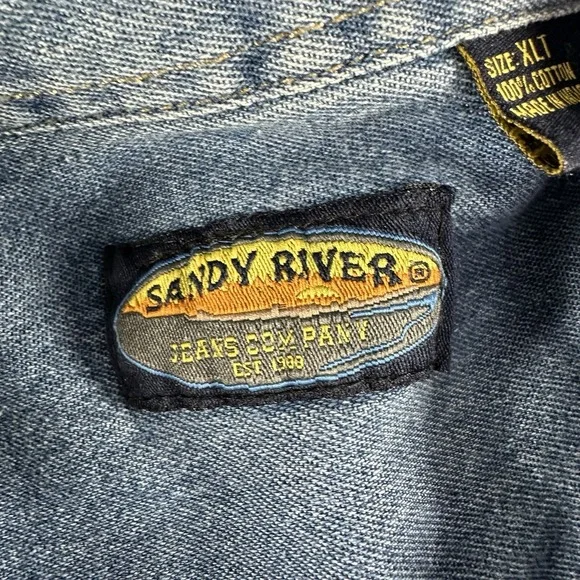 VINTAGE Chambray Shirt Mens XLT Blue Button Up Short Sleeve Sandy River Pocket - Picture 7 of 8